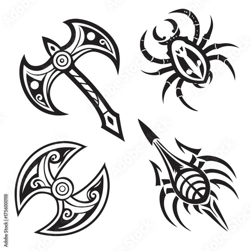Tribal tattoo designs featuring a battle axe a crescent axe a scorpion and a stylized spider or crab on a white background
