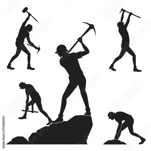 Silhouettes of miners working with pickaxes and hammers on rocks and mountains demonstrating hard labor and mining operations