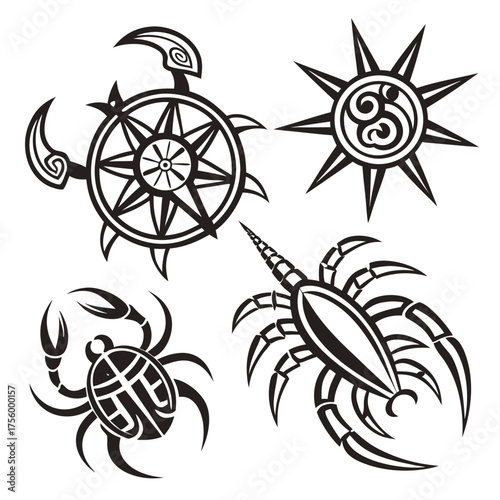 Tribal style tattoo designs featuring a sun a compass turtle and two scorpions