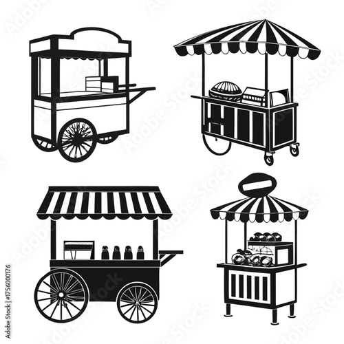 Collection of four diverse black and white silhouette food carts and stalls with awnings and wheels for street vendors and markets