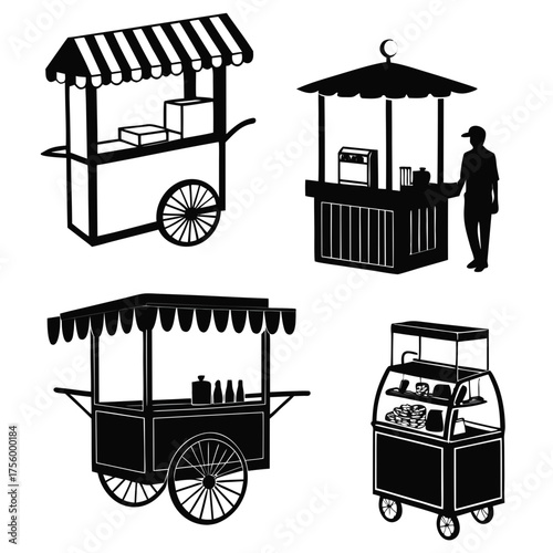 Collection of stylized black and white silhouette illustrations of various food carts and kiosks with awnings and wheels