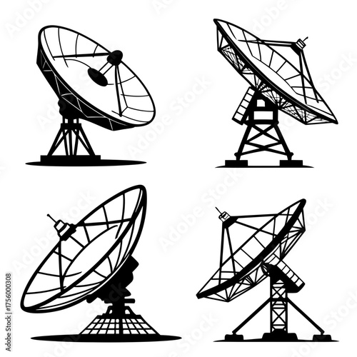 Collection of four distinct black silhouette satellite dishes and radio telescopes on white background for communication and technology concepts