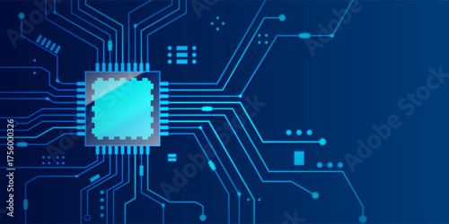Microchip processor banner with blue background. Vector Illustration