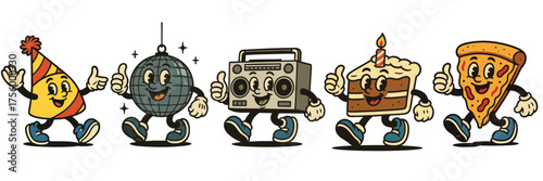 Vintage style happy cartoon characters of pizza, cake, disco ball, and radio dancing together in fun party mood