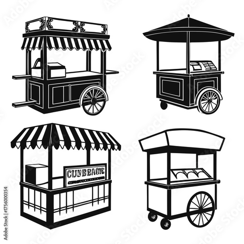 Collection of four black and white silhouette illustrations of various food carts and market stalls with awnings and wheels