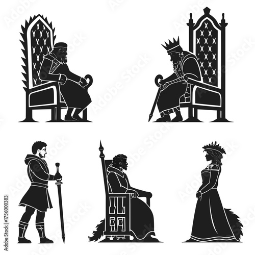 Silhouettes of kings queens and a knight in medieval attire posed on thrones and standing with swords