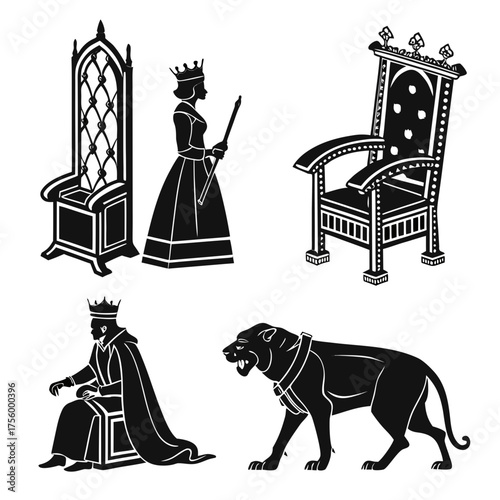 Royal silhouettes of a king on a throne a queen with a scepter two ornate thrones and a fierce panther