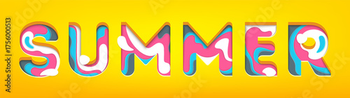 Summer - inscription in volumetric letters, 3D text effect on a yellow background. Ideal for t-shirt print. Vector illustration.