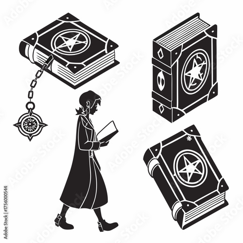 Mysterious magic books and a woman reading a grimoire in a silhouette style