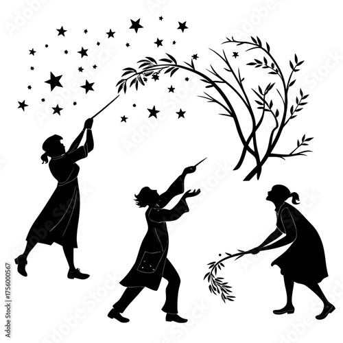 Three women in silhouette interacting with stars and branches one holding a wand another reaching for stars and the third holding a branch with leaves