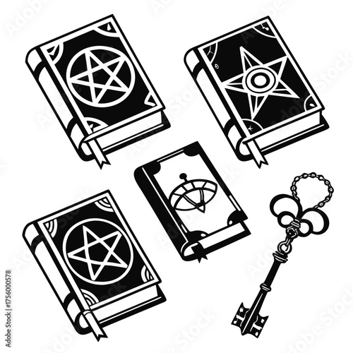 Collection of occult spell books with pentagrams and mystical symbols alongside an ornate antique key on a white background