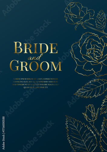 luxury wedding invitation design or greeting card template with golden roses on a navy blue background.