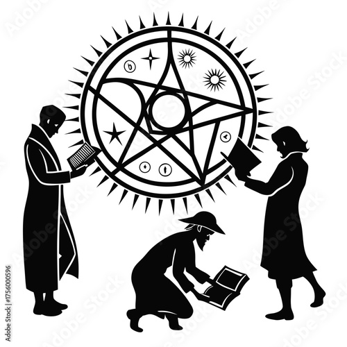 Silhouettes of three people studying ancient texts and symbols around a mystical circular diagram with a pentagram and celestial elements