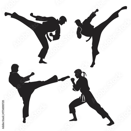 Dynamic silhouettes of diverse martial artists executing powerful kicks and punches in combat poses