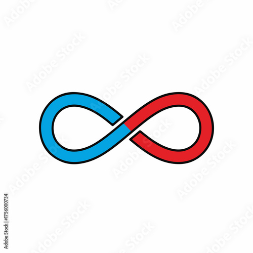 Red and blue infinity symbol on white background, demonstrating continuous looping figure. Infinity figure is a mathematical symbol representing endlessness,
