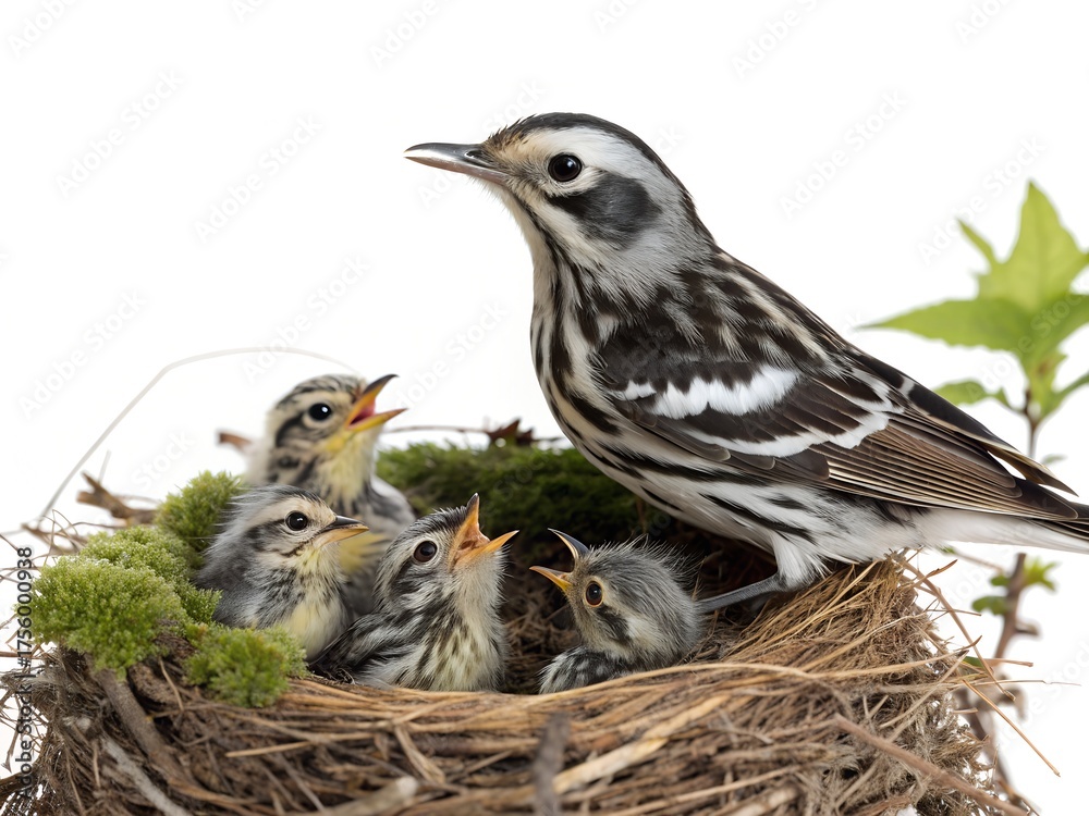 Fototapeta premium Black-and-white Warbler Nest With Baby Birds and Mother Isolated