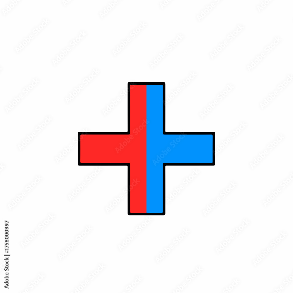 Obraz premium Geometric cross symbol shows four quadrants in bright red and blue on clean white background, representing concepts like contrast, division, connection, or simplified medical representation.