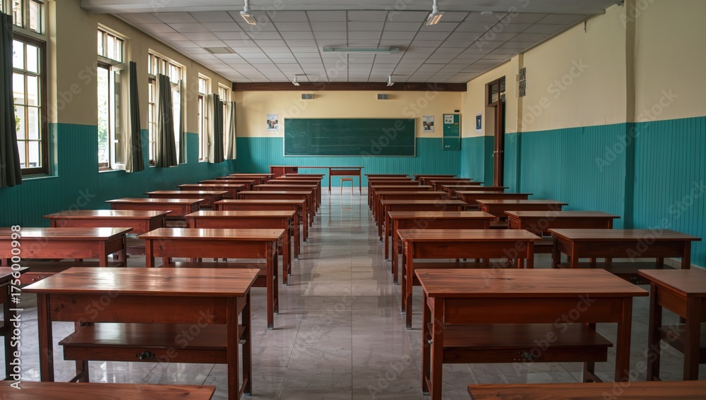 Naklejka premium Empty classroom featuring wooden desks and chairs, no students present during a pandemic lockdown