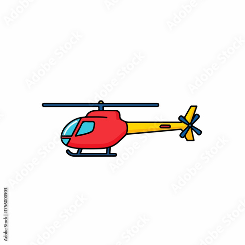Cartoon style helicopter illustration features red body and yellow tail, symbolizing air travel or rapid transportation. Simple graphic is suitable for children's content or transport related themes.