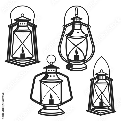 A collection of four vintage kerosene lantern illustrations with lit candles presented in a clean black and white silhouette style on a white background
