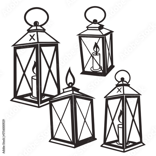 Collection of four vintage style black and white graphic lanterns with lit candles inside on a white background