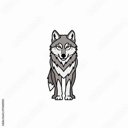 Cartoon wolf with cute features on plain backdrop for kids’ design, fun applications. Front-facing cartoon wolf illustration shows stylized animal.