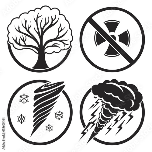 Set of four circular icons representing natural disasters and environmental symbols including a tree no radiation a tornado with snowflakes and a thunderstorm with lightning