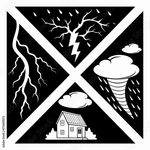 Collection of natural disasters including lightning strikes tornadoes heavy rain and a house under threat