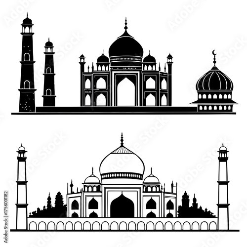 Two stylized black silhouette illustrations of the taj mahal monument and minarets against a white background