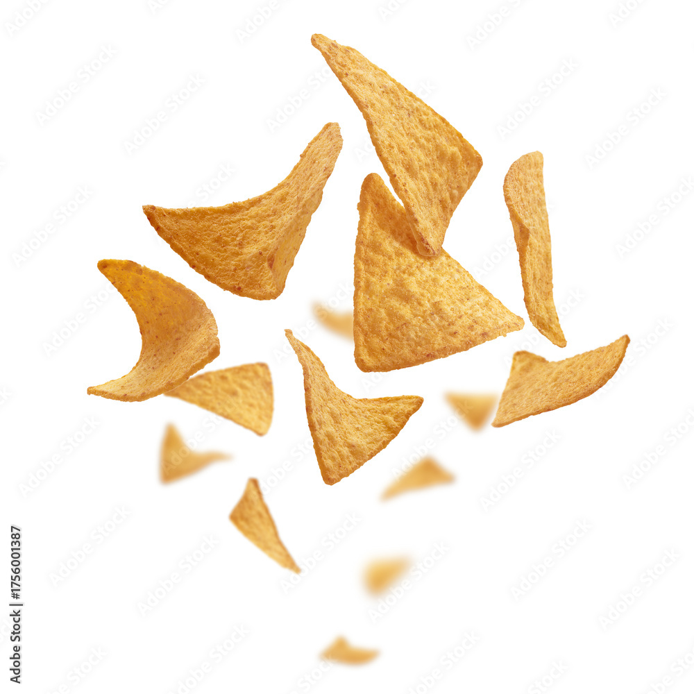 Fototapeta premium Corn chips of triangular shape levitate on a white background