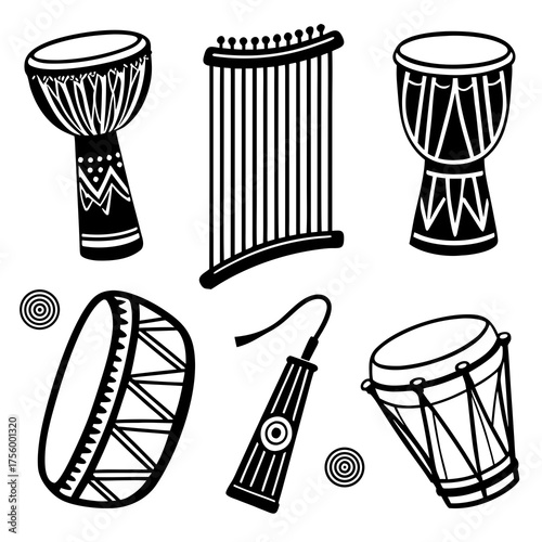Collection of traditional african musical instruments including various drums and a kora or harp depicted in a black and white graphic style