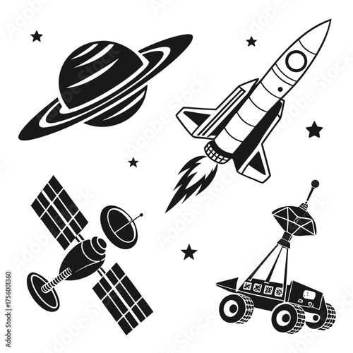 Collection of stylized black and white icons representing space exploration including a rocket ship saturn a satellite and a rover against a white background with stars