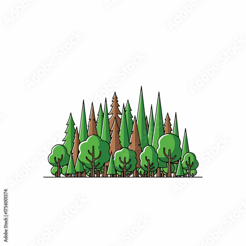 Forest illustration showing mixed woodland with evergreen and deciduous trees on white background. Forest drawing has a clean, minimalist aesthetic for various projects.