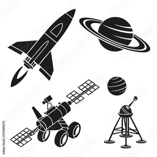 Collection of black silhouette icons representing space exploration including a rocket ship saturn a rover a planet and a lunar lander