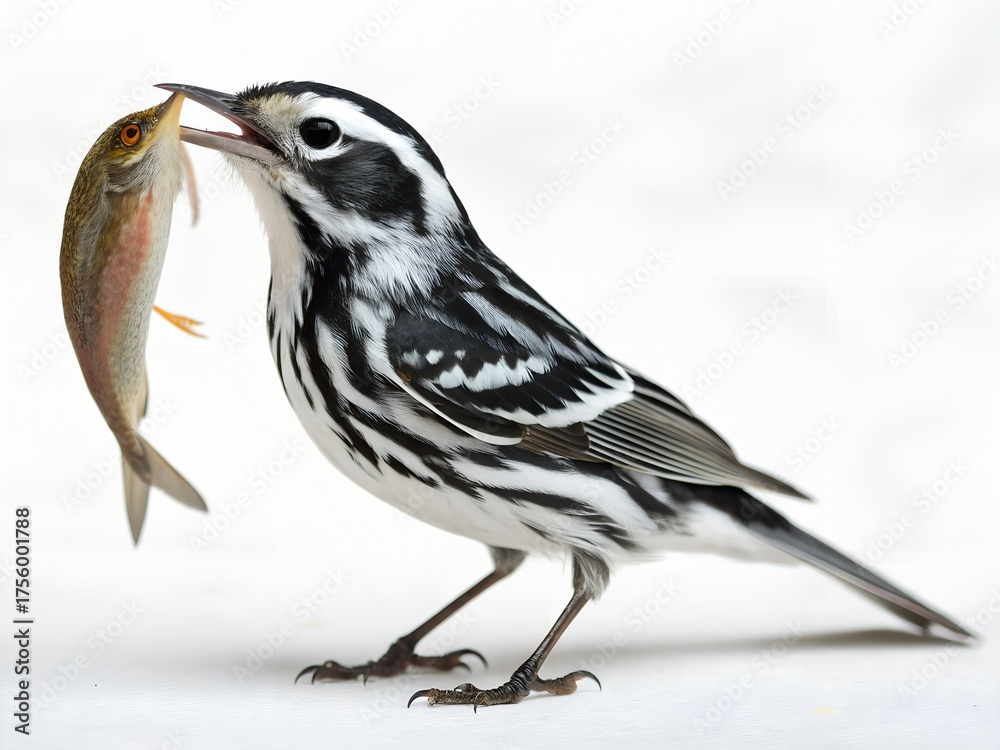 Fototapeta premium Black-and-white Warbler Catching Fish Isolated on White