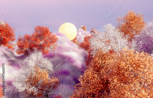 Abstract Autumn landscape scene with a moon. 3d rendering.