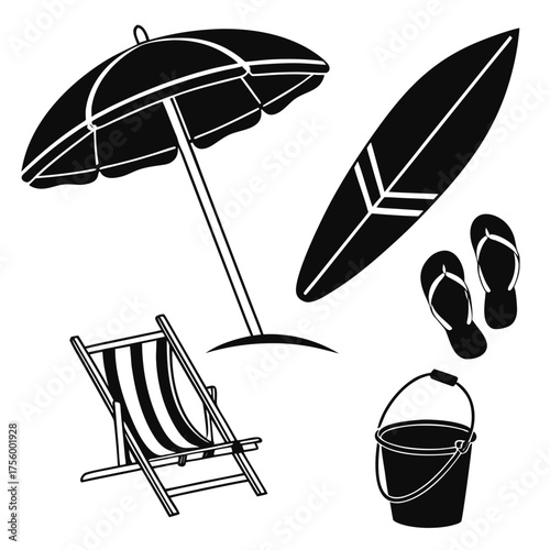 Black and white illustration of beach essentials including a striped deck chair umbrella surfboard flip flops and a bucket on a white background