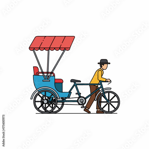Rickshaw ride, blue rickshaw with bicyclist driver in hat standing. Rickshaw ride is a common sight in tourist areas and a simple form of transportation. Enjoy rickshaw ride in many countries,