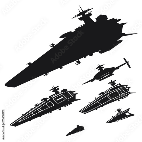Collection of silhouetted futuristic spaceships and starships in various sizes and designs floating in space