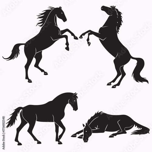 Four black horse silhouettes showing different poses including rearing standing walking and lying down