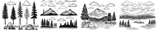 A compilation of silhouette illustrations drawing inspiration from nature, including mountains, trees, and scenic landscapes