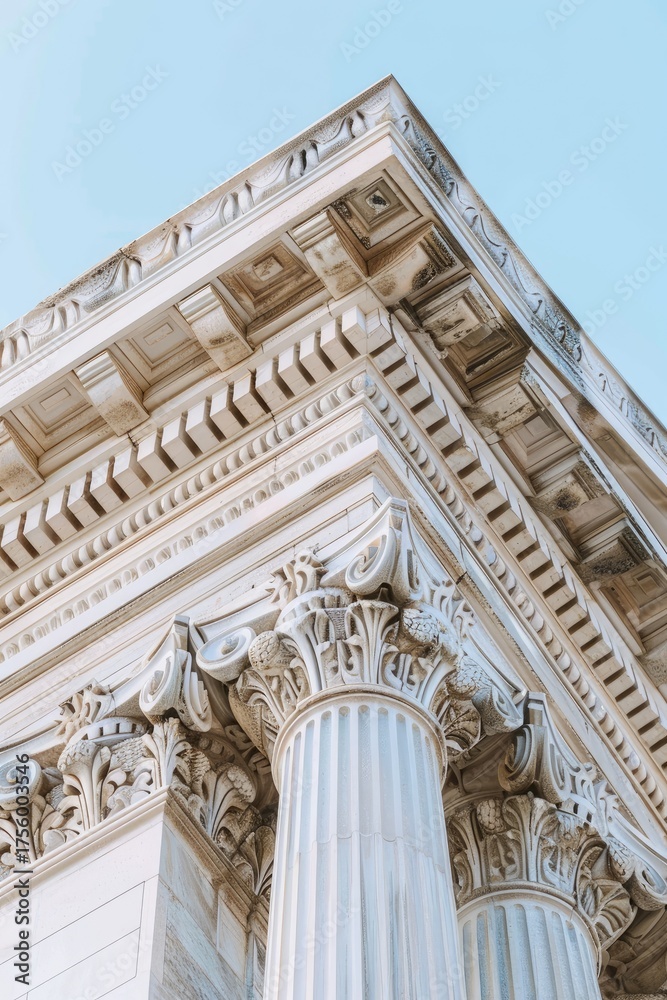 Fototapeta premium Column corner of government building against pale blue sky. Use law, history