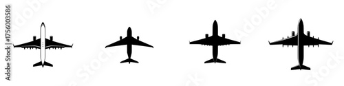 Different silhouettes of airplanes displayed in a row on a white background during a design showcase