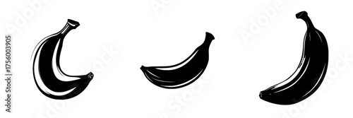 Black and white illustration of bananas in various orientations on a plain background
