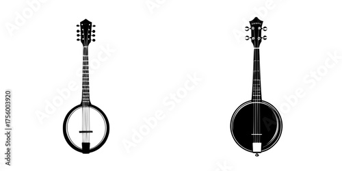 Black and white illustration of two distinct banjos showcasing their unique designs and shapes