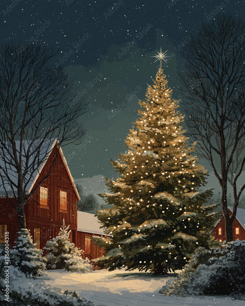 Naklejka premium Christmas Night's Glow: Illuminated festive lights on the Christmas tree and building create a cozy atmosphere, under the night sky. The scene is of peace and tranquility.