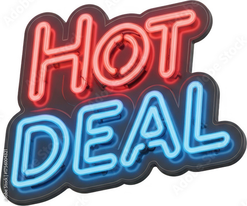 Bright neon hot deal sign with glowing red and blue lights isolated on transparent background