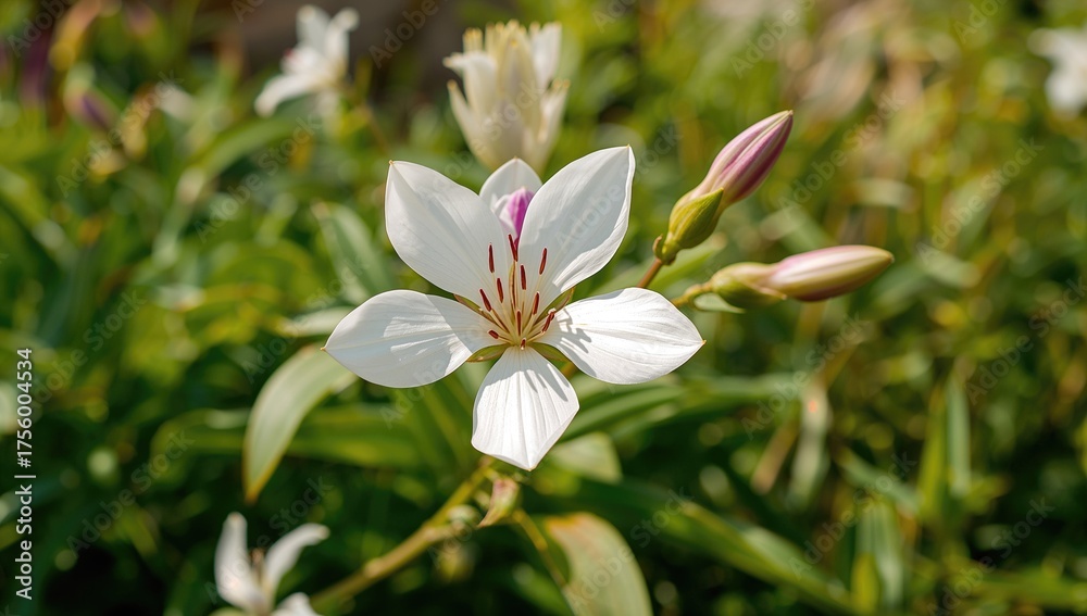 Fototapeta premium White Cleome hassleriana flower in a green garden setting during spring and summer