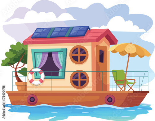 Colorful cartoon illustration of cozy houseboat with solar panels, umbrella, and deck chair floating on calm blue water
