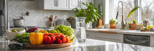 Fresh vegetables and water jug on a kitchen counter in sunlight